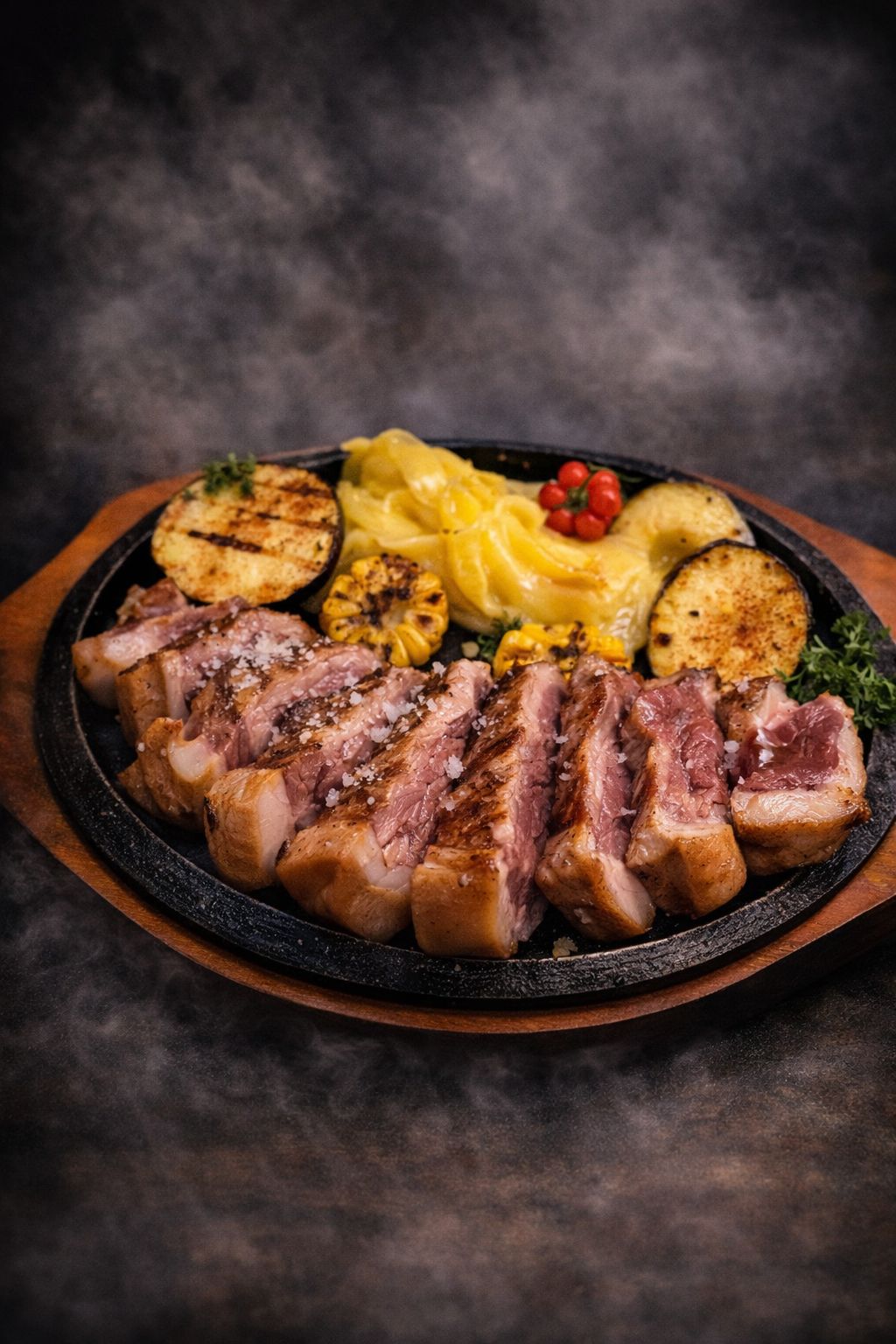 Carne a la brasa con guarnición