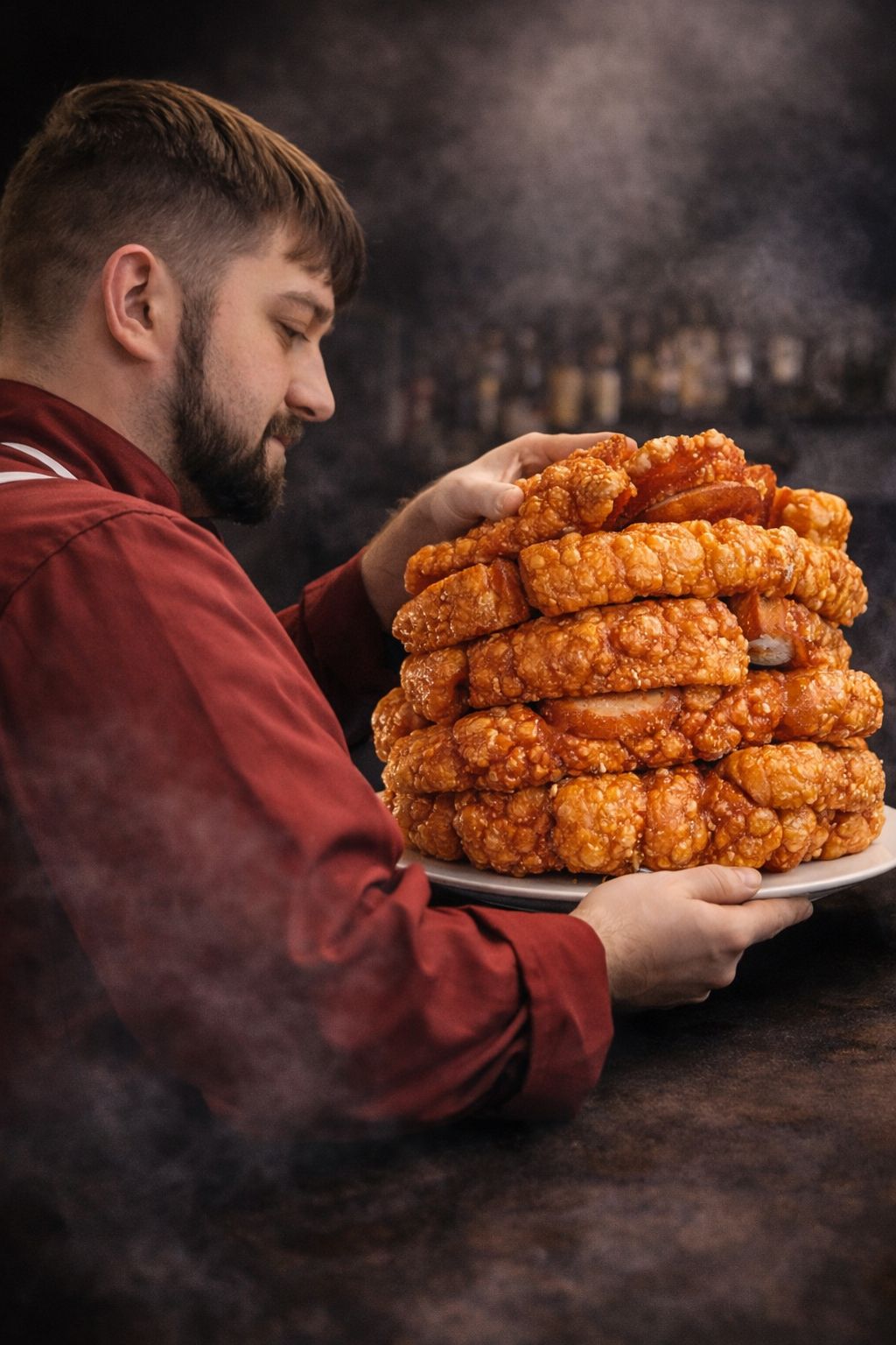Chef presentando torreznos en ambiente ahumado