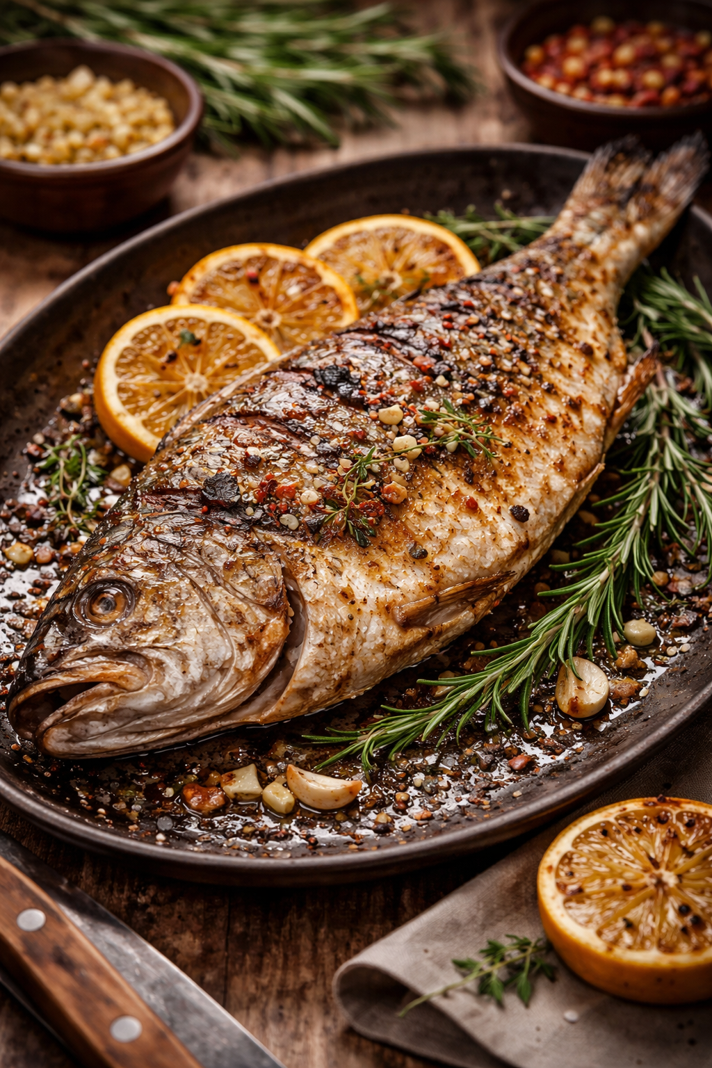 Pescado entero a la brasa con limón y especias