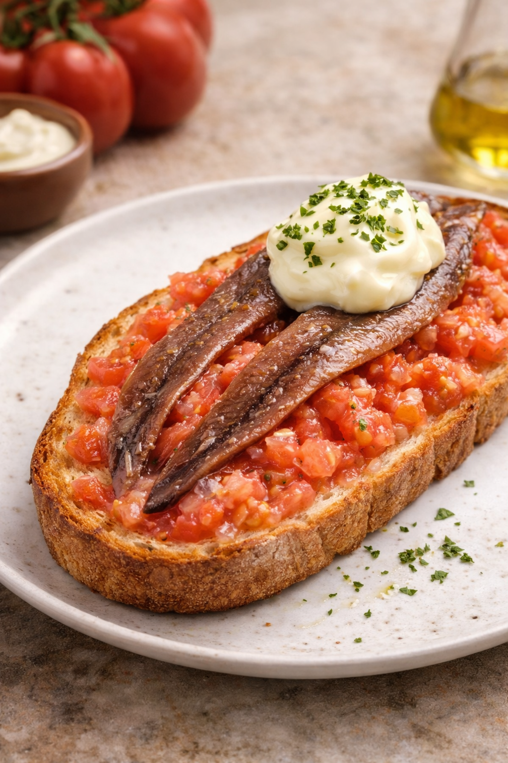 Tosta con tomate y anchoas de El Rosetón